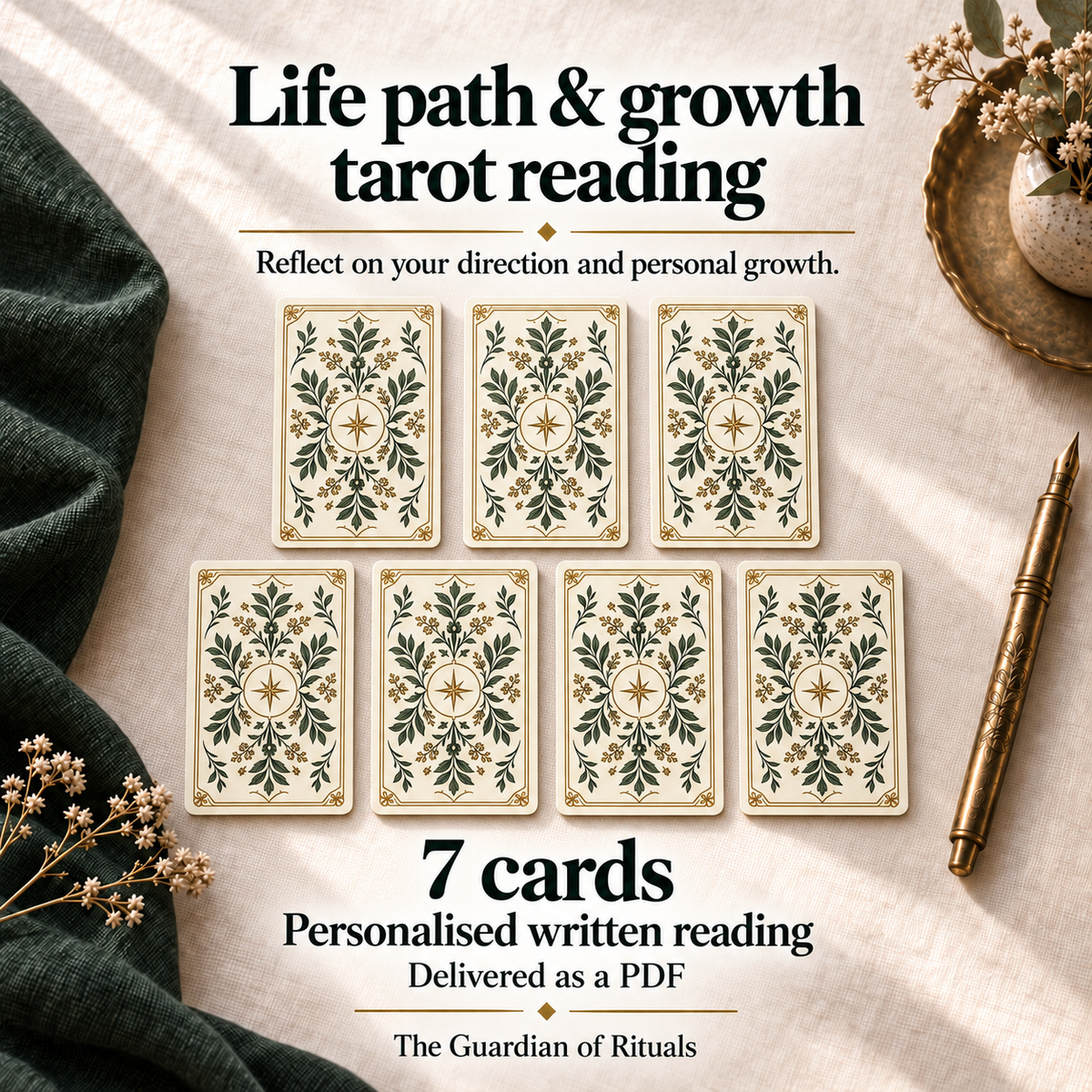 Life Path & Personal Growth Tarot Reading; 7 Cards. Personalised written Marseille tarot reading delivered as a PDF, illustrated with 7 decorative card backs on ivory linen.