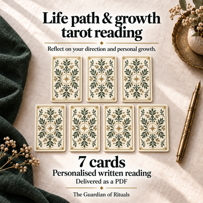 Life Path & Personal Growth Tarot Reading; 7 Cards. Personalised written Marseille tarot reading delivered as a PDF, illustrated with 7 decorative card backs on ivory linen.