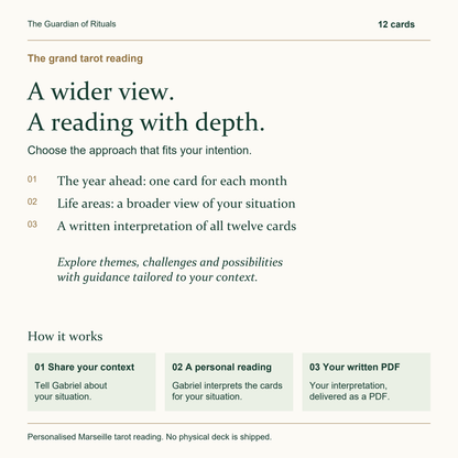 What the 12 card tarot reading explores, how to share your context, and a personalised written interpretation delivered as a PDF.