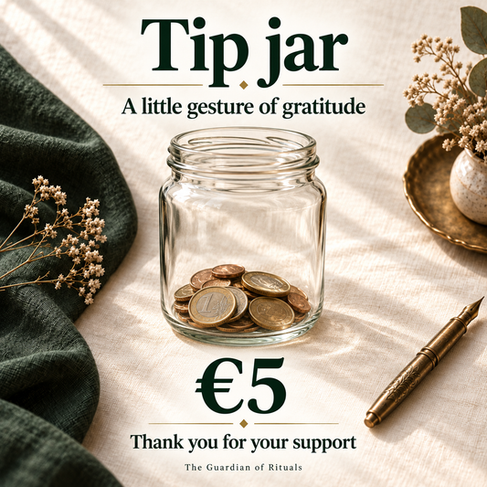 A glass tip jar on ivory linen, a voluntary contribution of €5, with thanks for supporting Gabriel’s work.