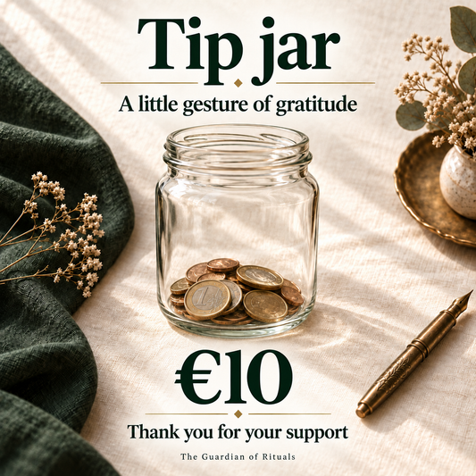 A glass tip jar on ivory linen, a voluntary contribution of €10, with thanks for supporting Gabriel’s work.