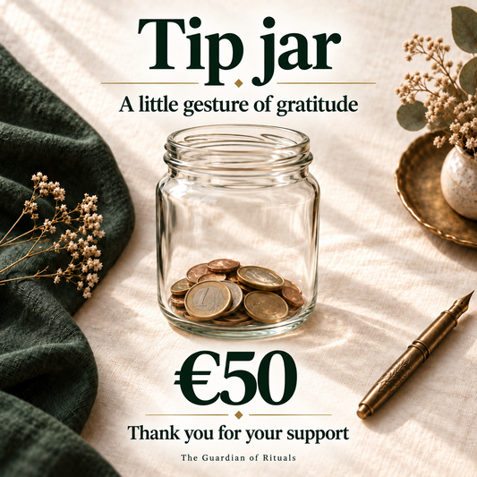 A glass tip jar on ivory linen, a voluntary contribution of €50, with thanks for supporting Gabriel’s work.