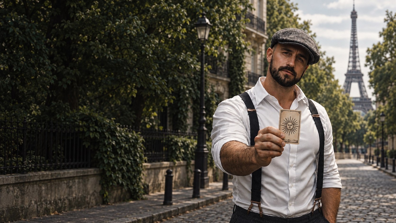 Gabriel holding a tarot card in Paris